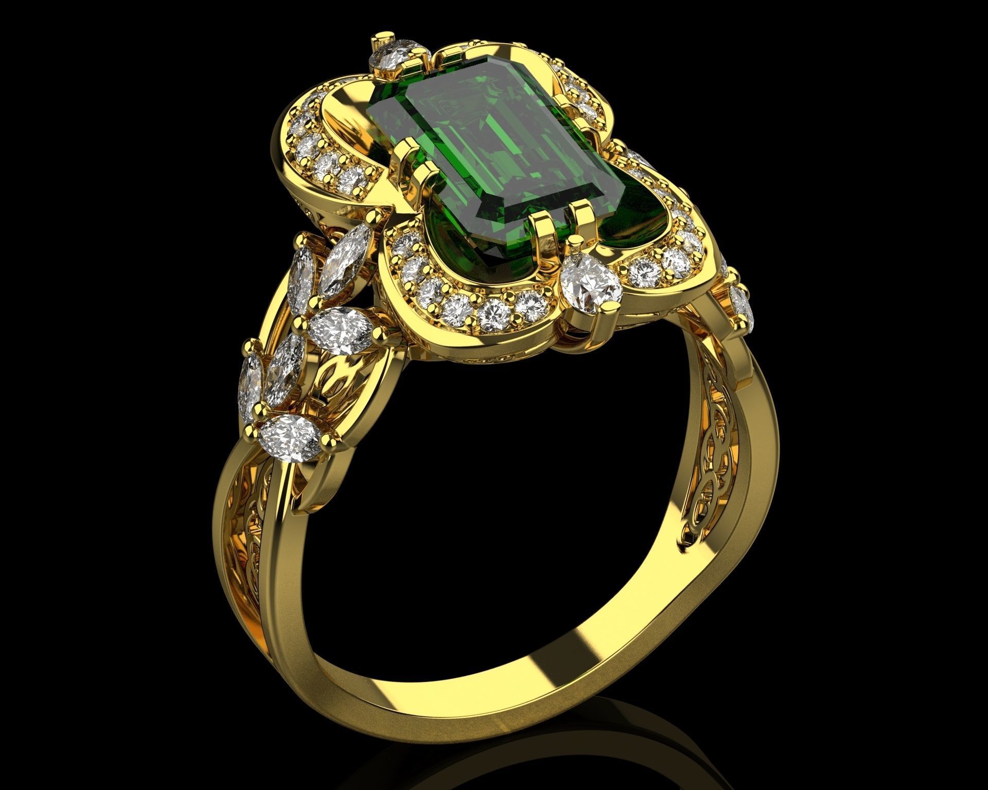Ring with emerald and diamonds 016119 3D print model_1