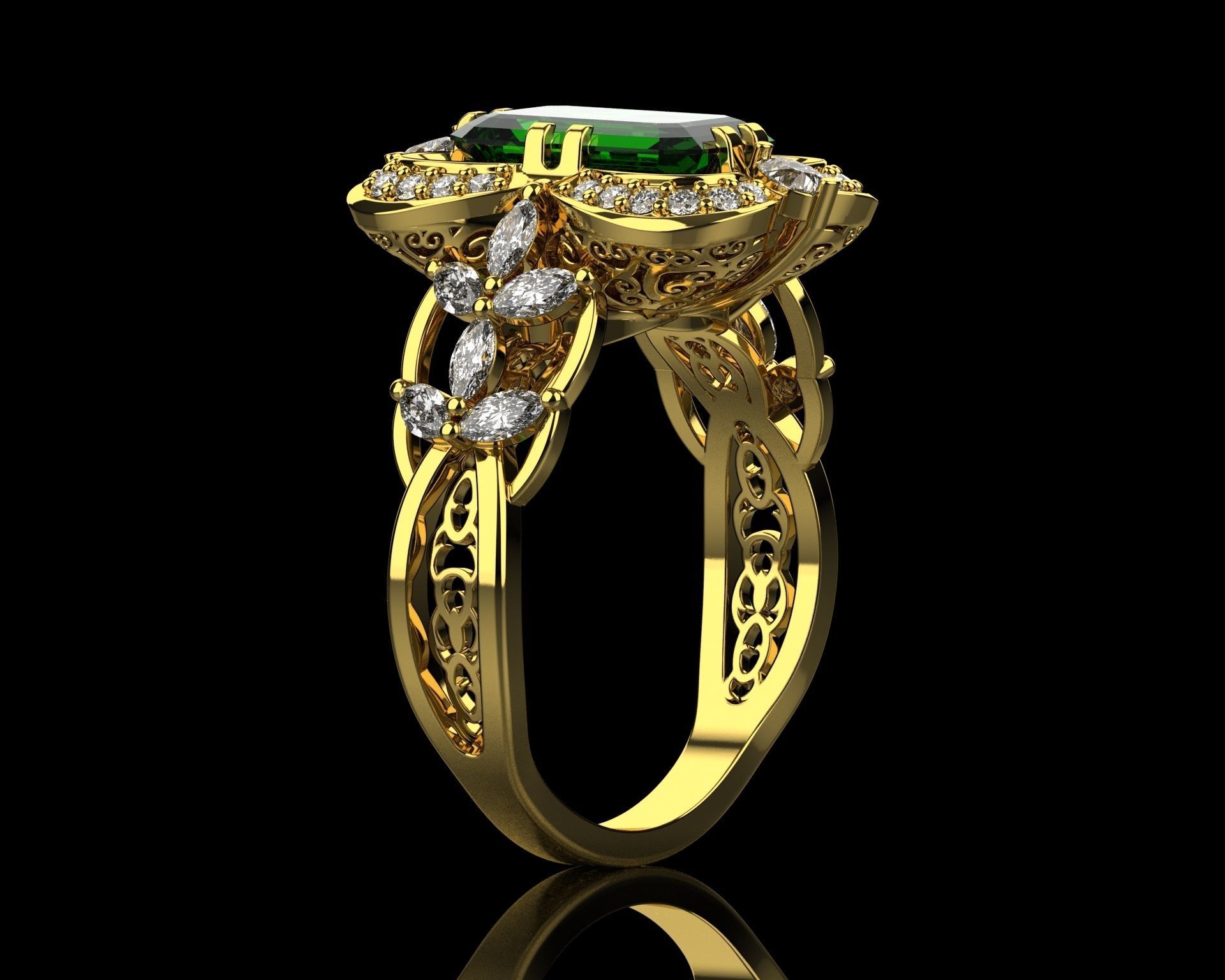 Ring with emerald and diamonds 016119 3D print model_2