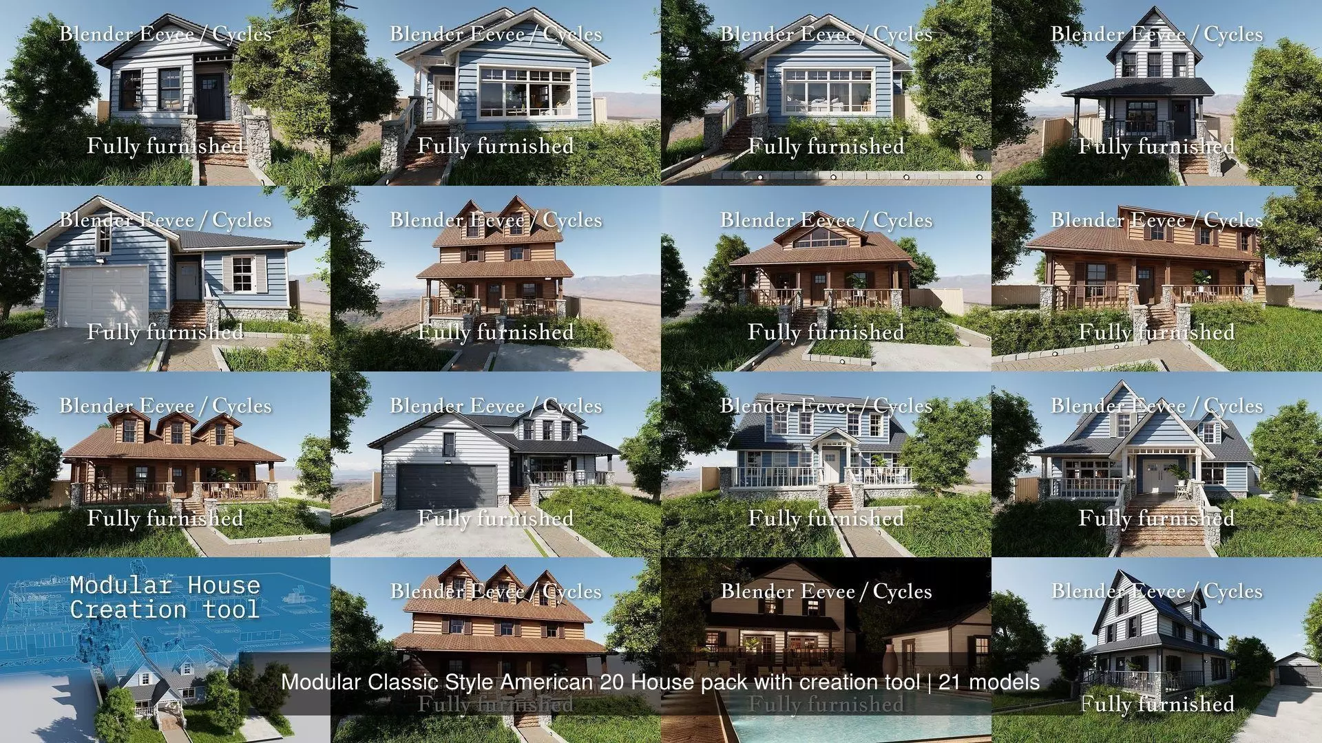 Modular Classic Style American 20 House pack with creation tool 3D Model Collection_22