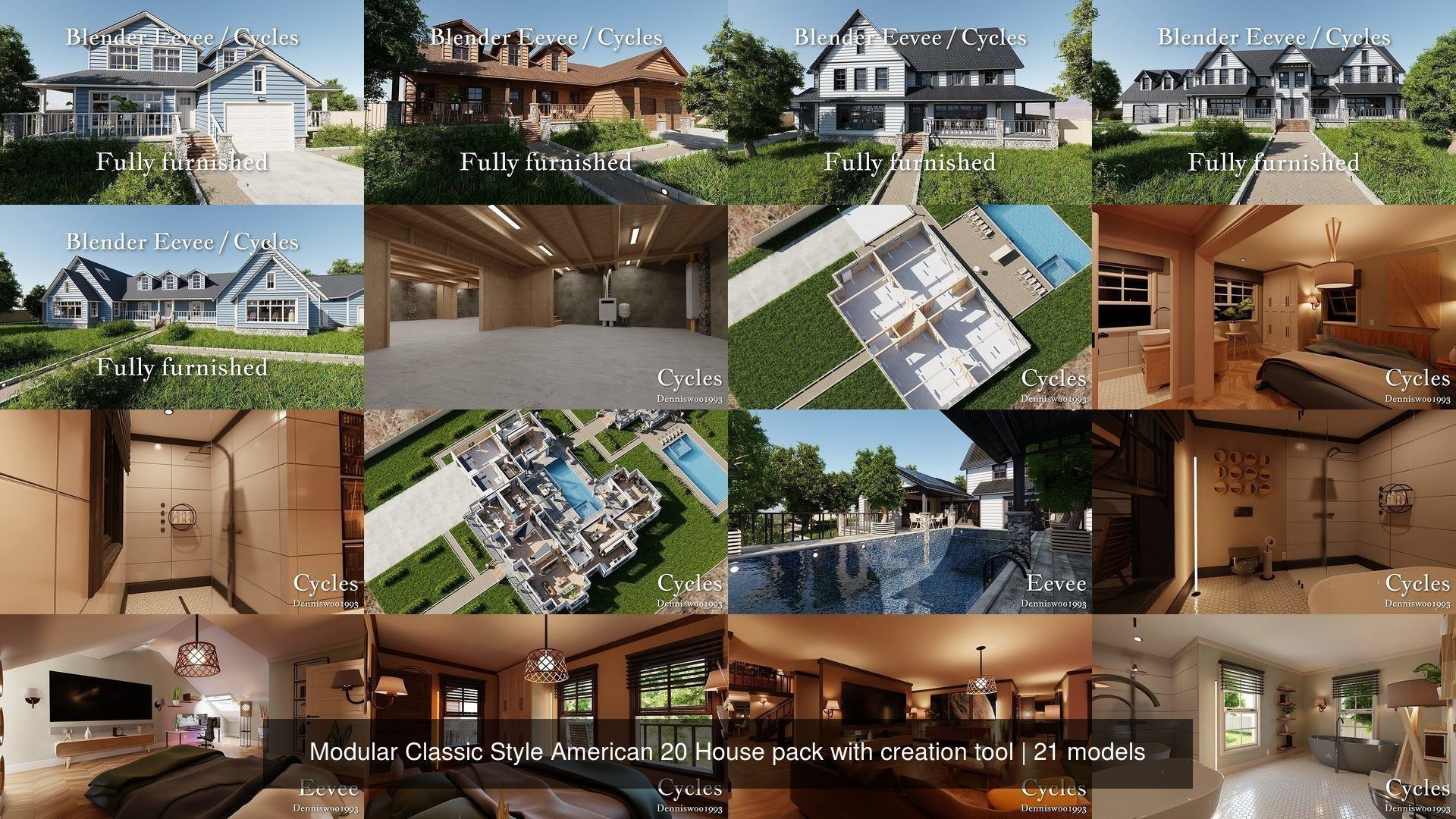 Modular Classic Style American 20 House pack with creation tool 3D Model Collection_23