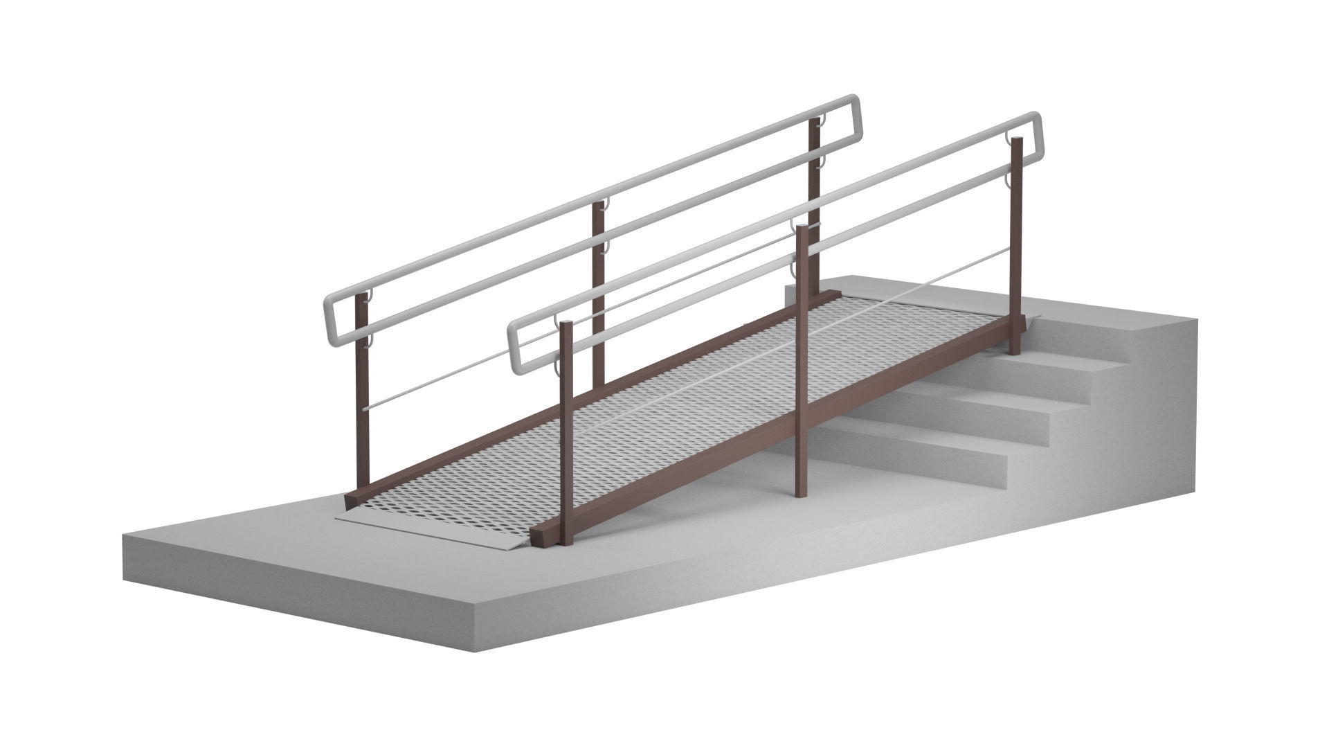 Metal ramp stairs with railing 3D model_3
