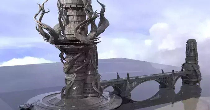 Dark Cthulhu Watchtower City bridges Low-poly 3D model