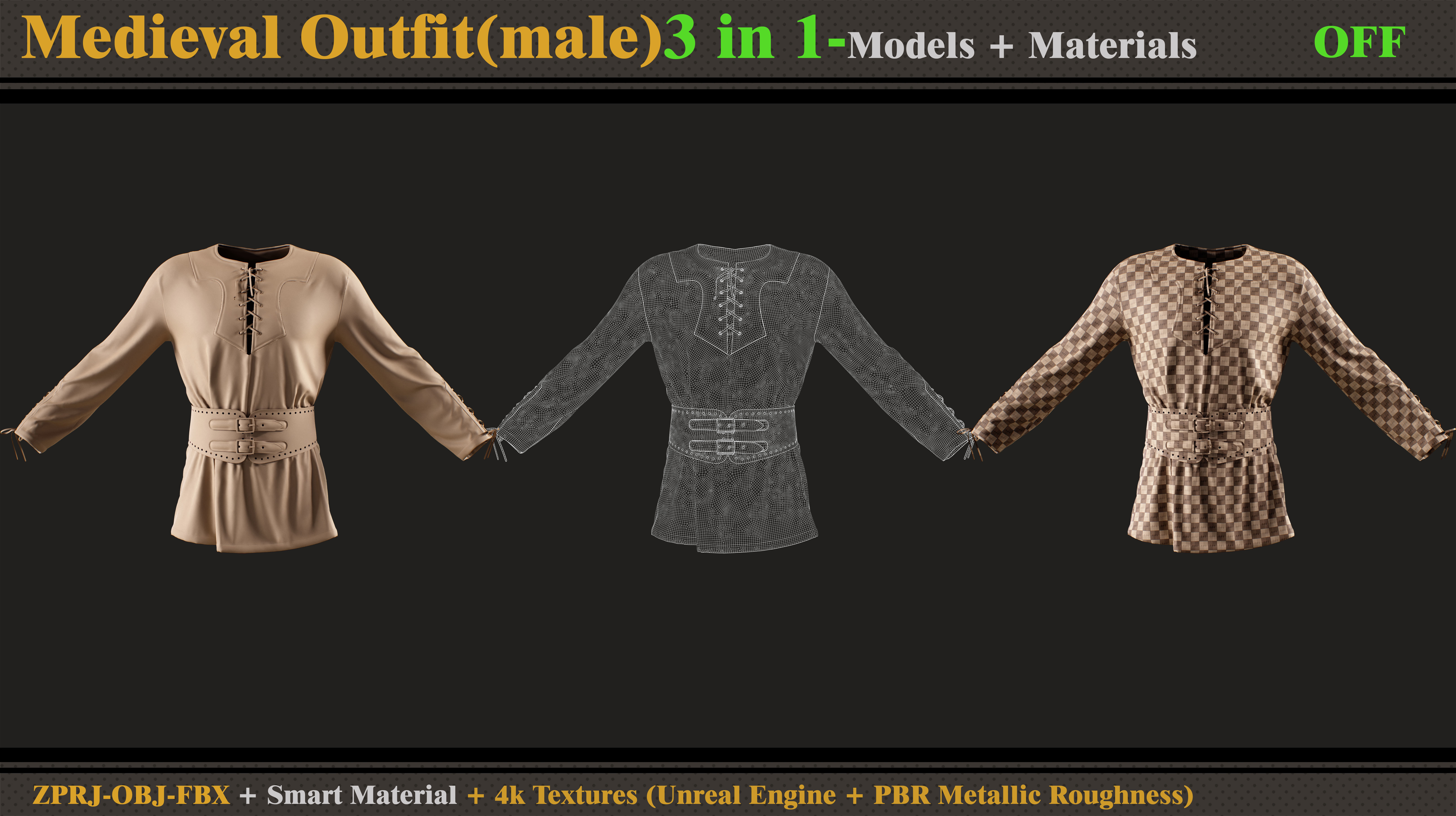 3 in 1 Medieval Outfit-MALE-MD-Clo3d-OBJ- FBX-Material- Textures 3D model_8