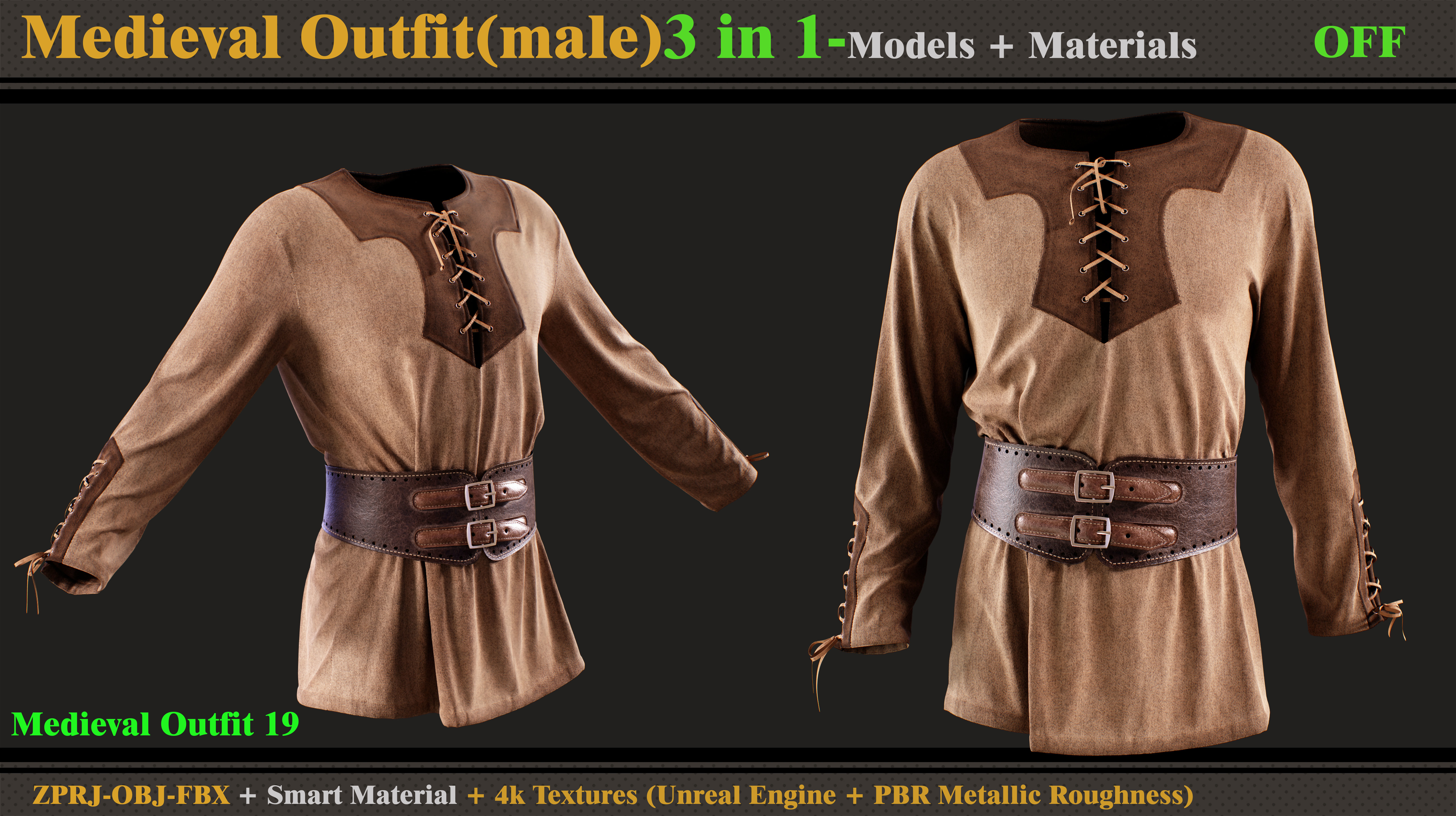 3 in 1 Medieval Outfit-MALE-MD-Clo3d-OBJ- FBX-Material- Textures 3D model_2