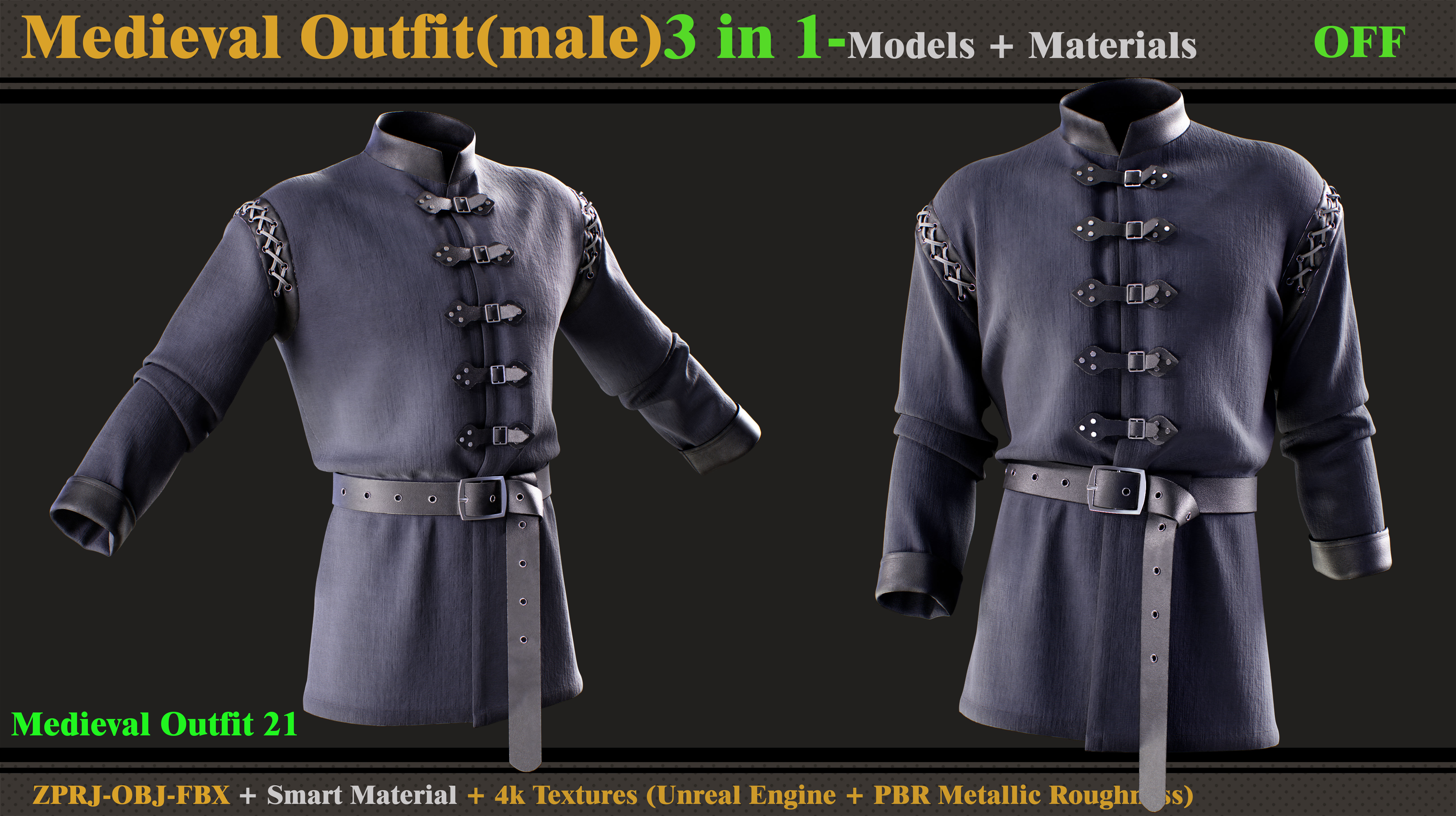 3 in 1 Medieval Outfit-MALE-MD-Clo3d-OBJ- FBX-Material- Textures 3D model_4