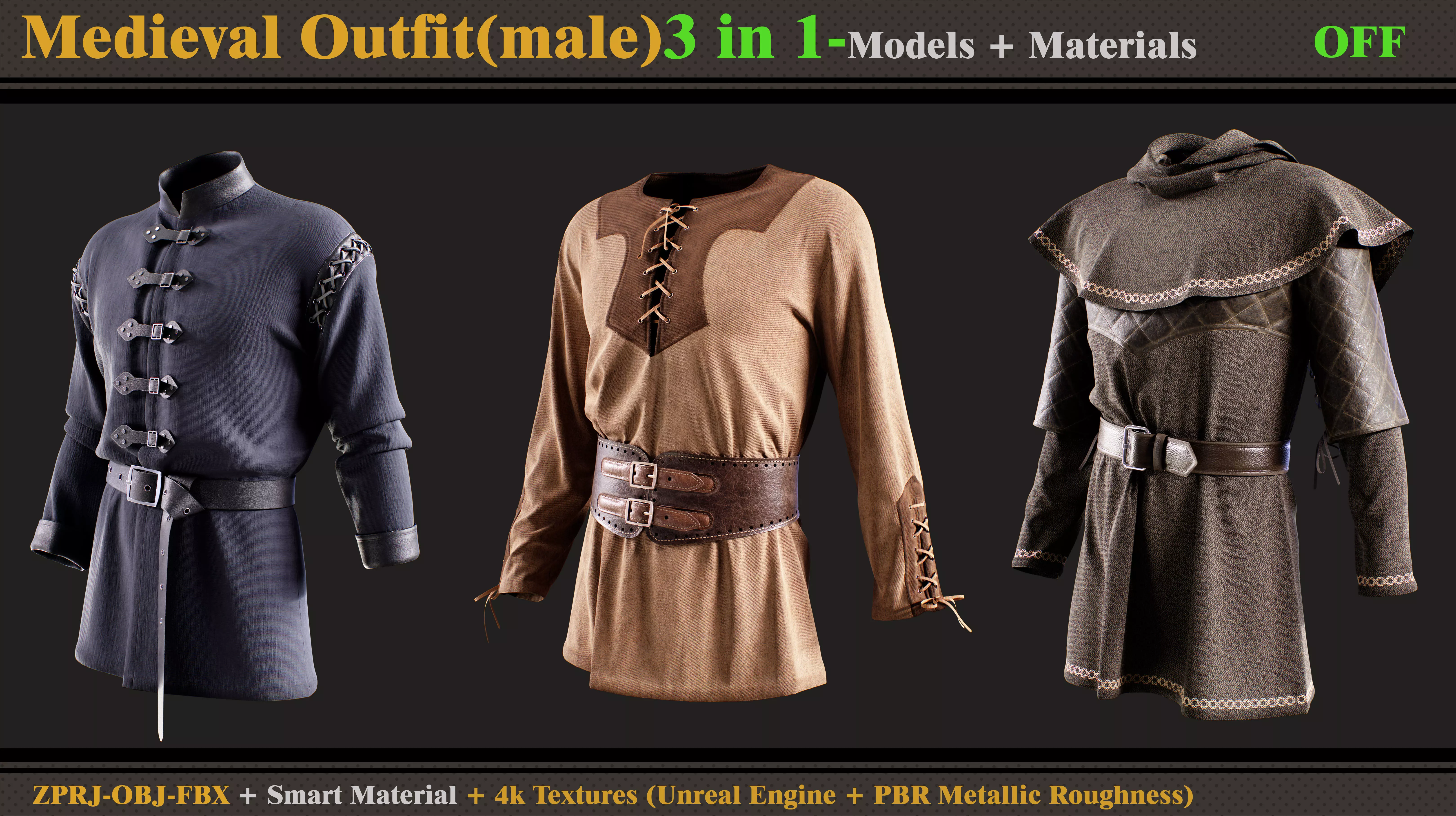 3 in 1 Medieval Outfit-MALE-MD-Clo3d-OBJ- FBX-Material- Textures 3D model_0