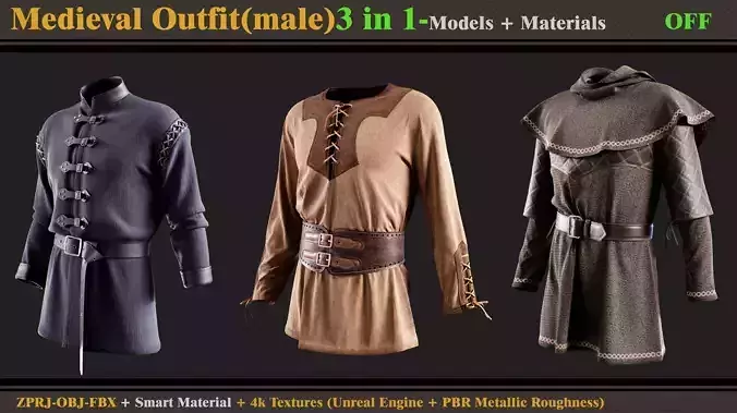 3 in 1 Medieval Outfit-MALE-MD-Clo3d-OBJ- FBX-Material- Textures