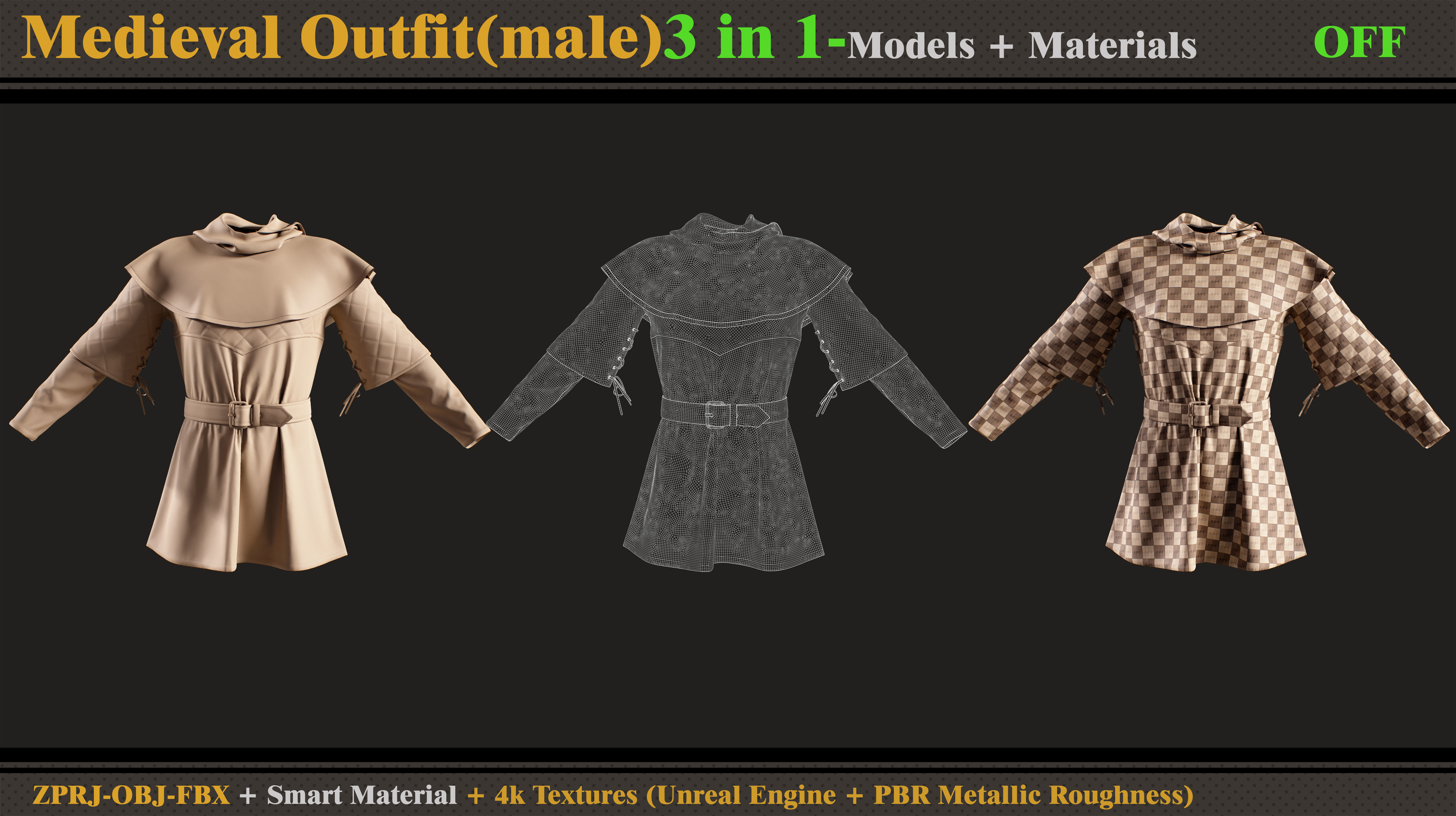 3 in 1 Medieval Outfit-MALE-MD-Clo3d-OBJ- FBX-Material- Textures 3D model_9