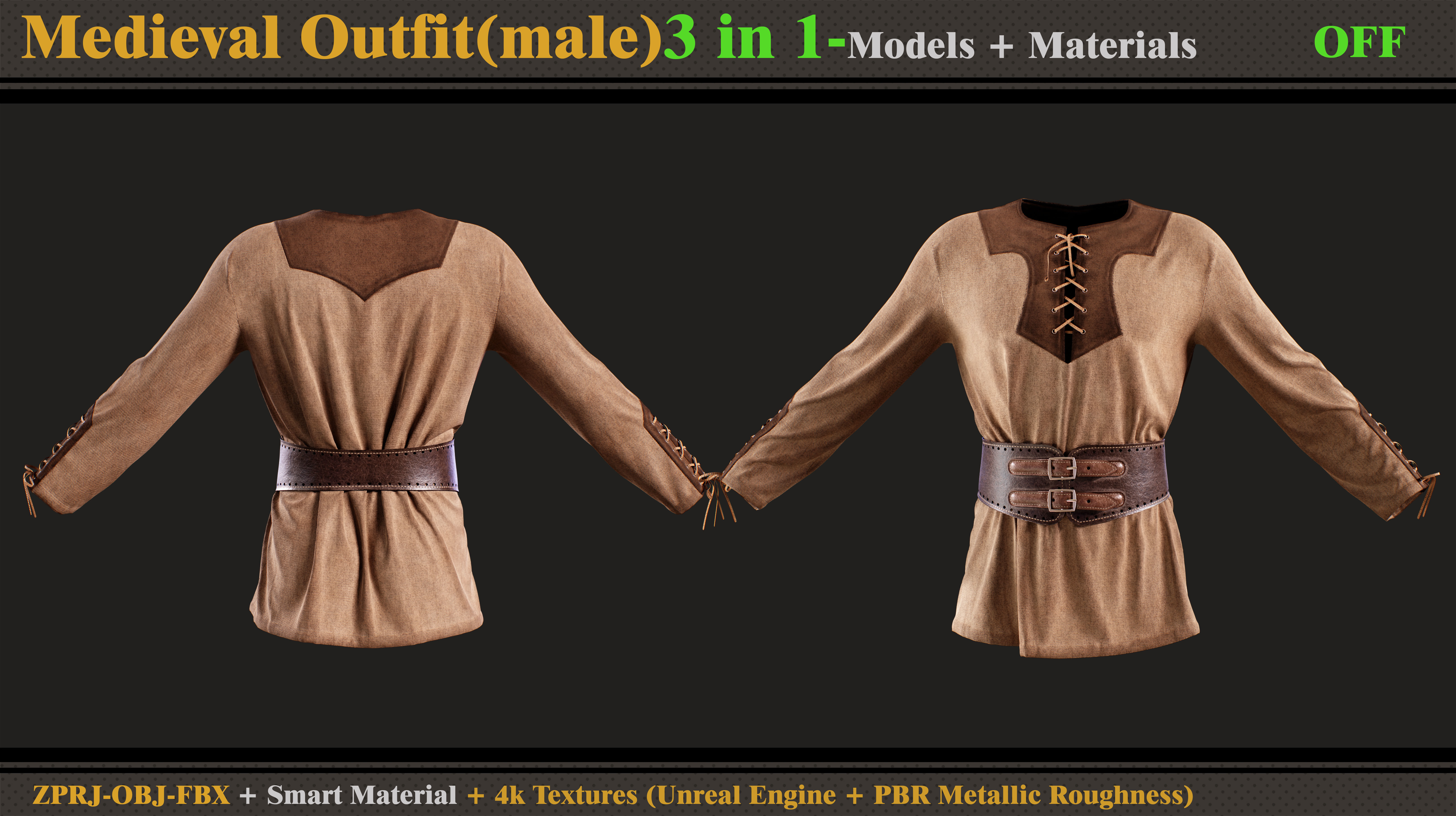 3 in 1 Medieval Outfit-MALE-MD-Clo3d-OBJ- FBX-Material- Textures 3D model_5