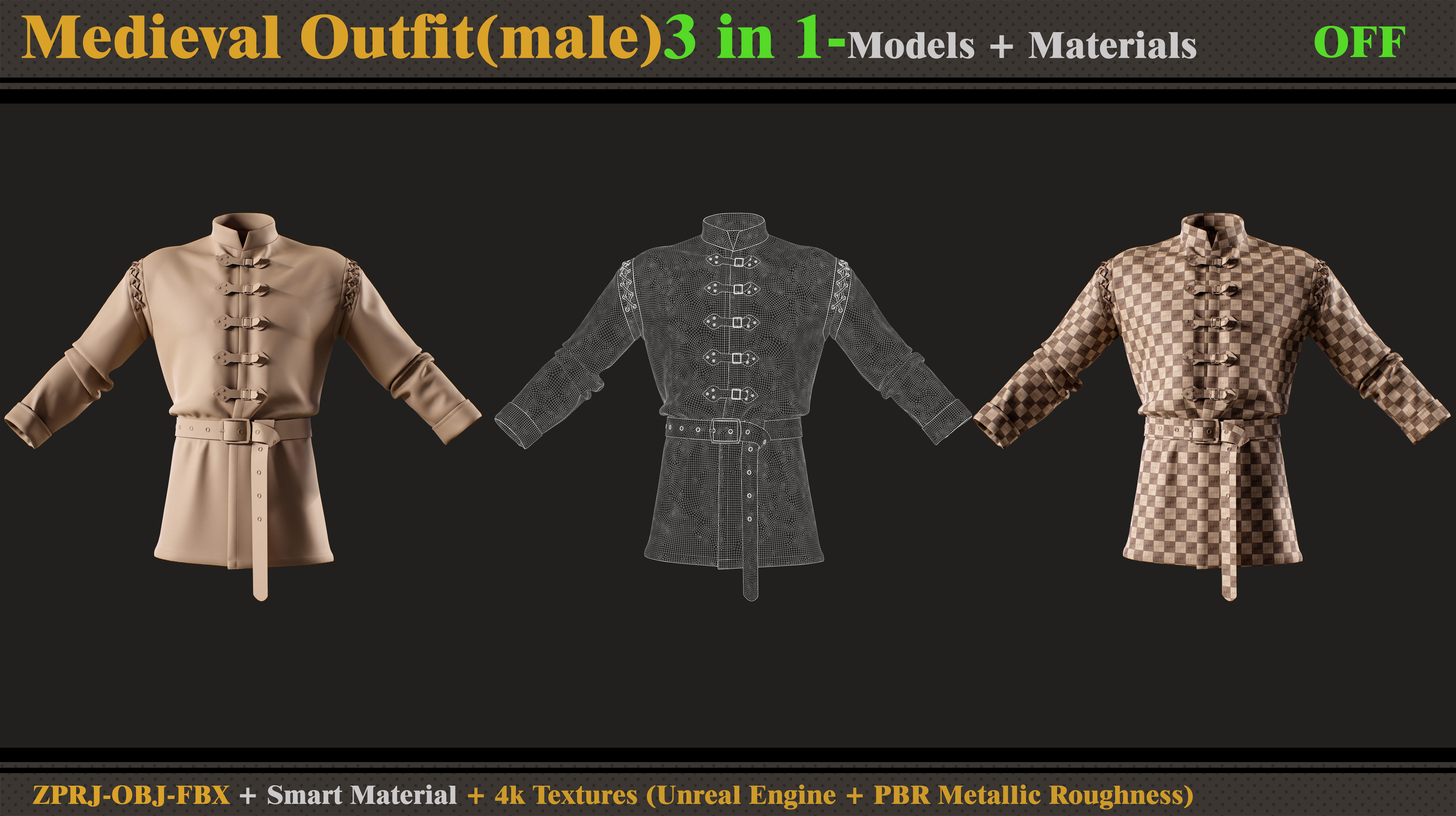 3 in 1 Medieval Outfit-MALE-MD-Clo3d-OBJ- FBX-Material- Textures 3D model_1