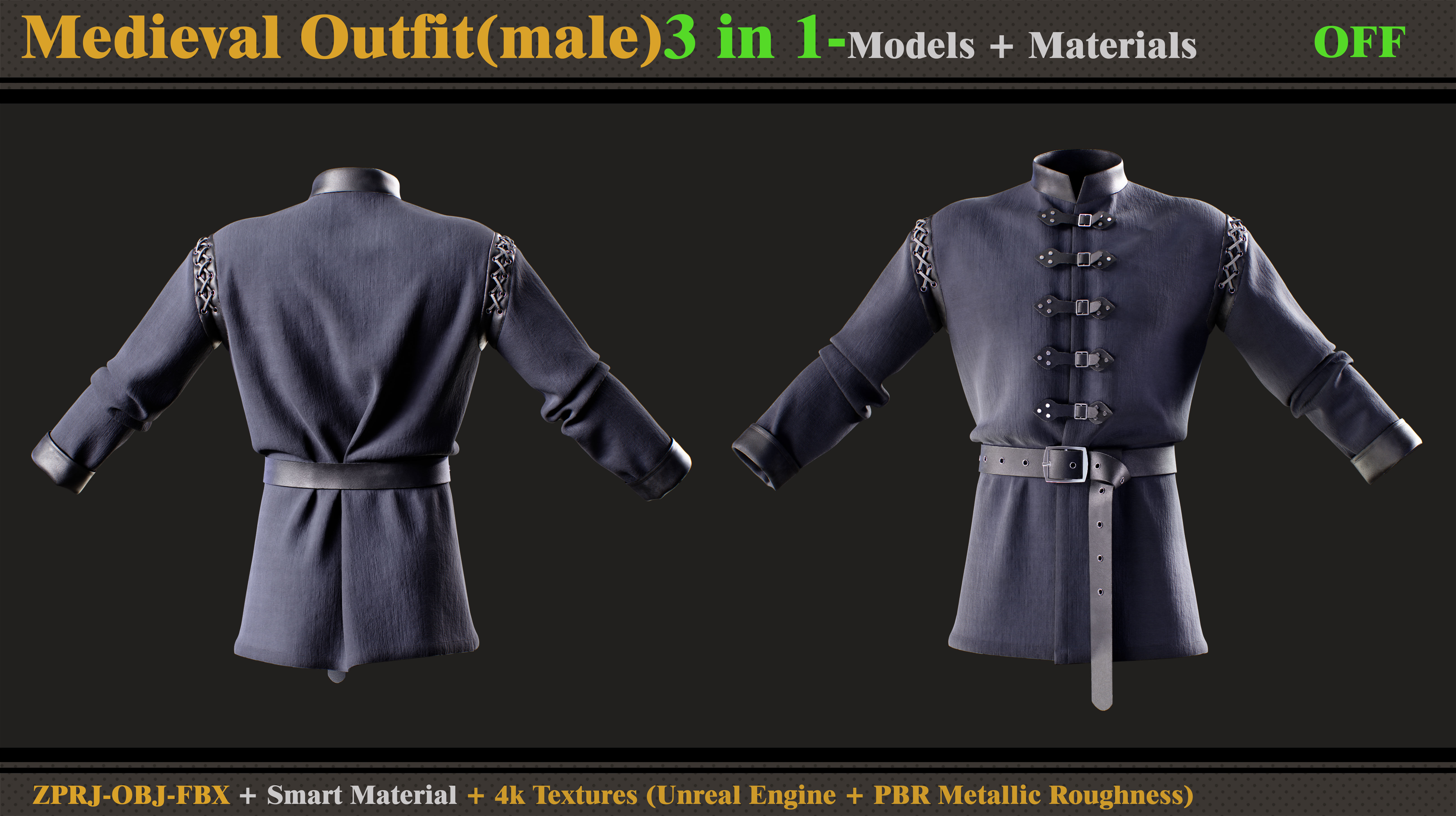 3 in 1 Medieval Outfit-MALE-MD-Clo3d-OBJ- FBX-Material- Textures 3D model_7