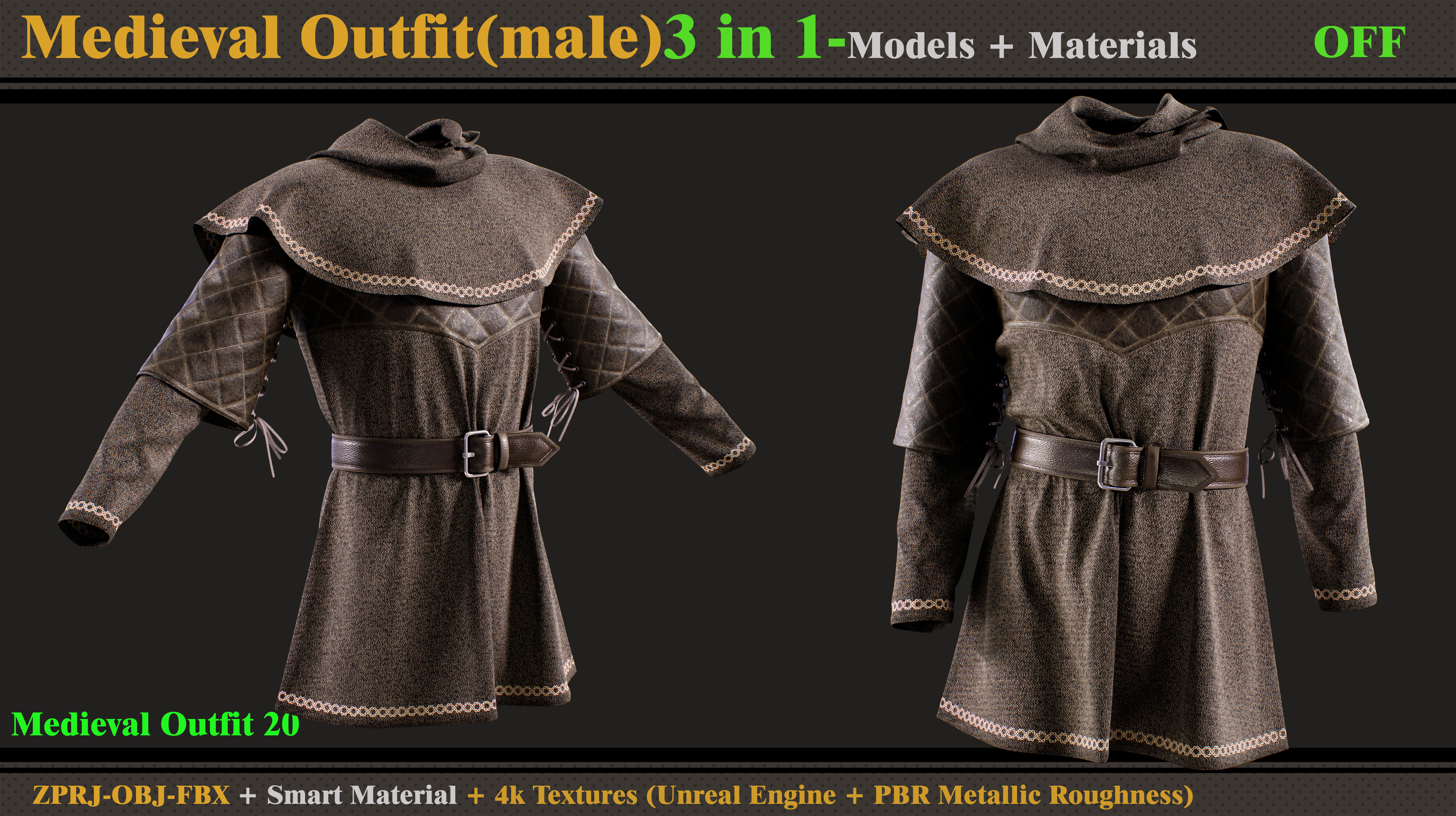 3 in 1 Medieval Outfit-MALE-MD-Clo3d-OBJ- FBX-Material- Textures 3D model_3