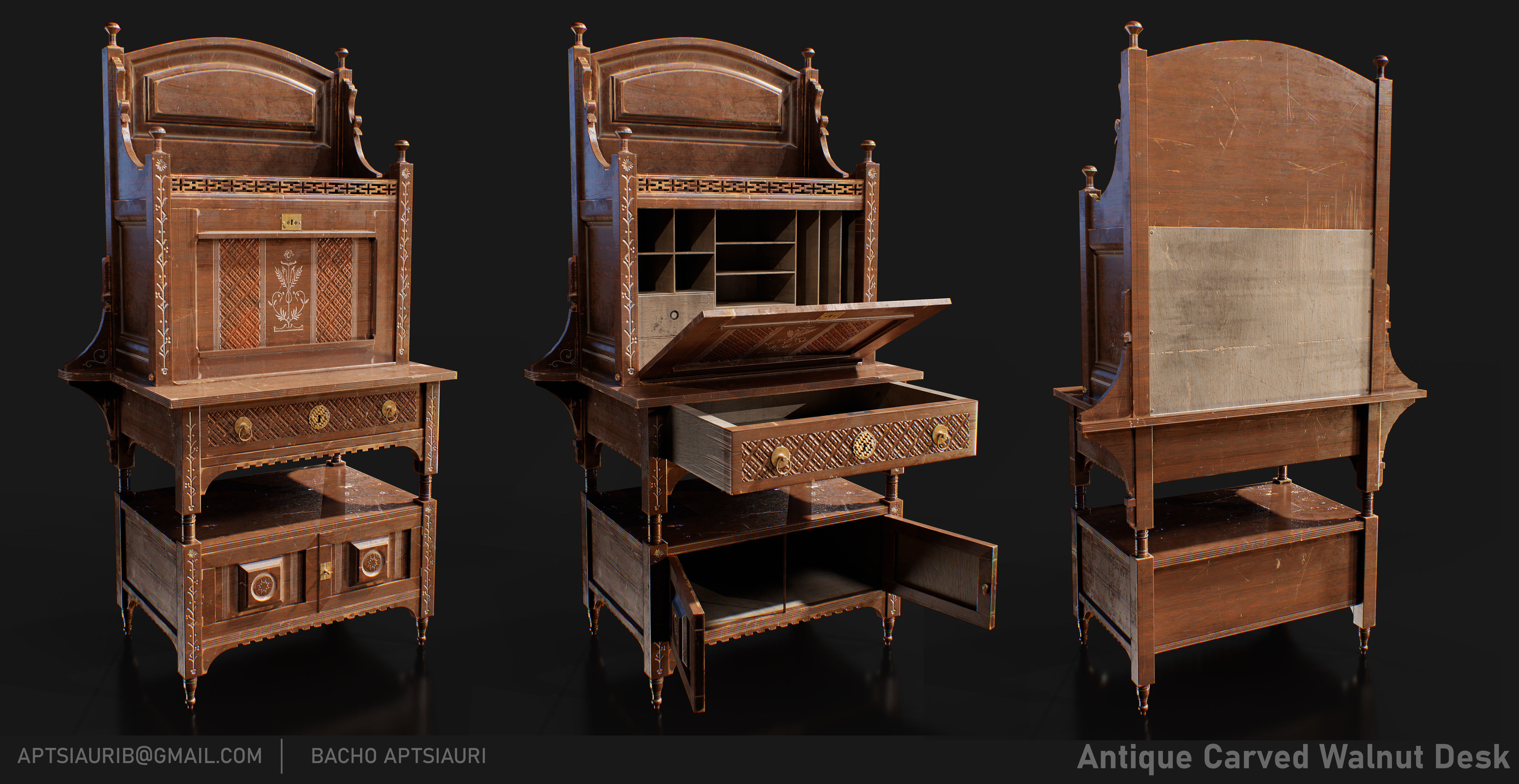 Antique Carved Walnut Desk - Optimized for Games and animations  Low-poly 3D model_1