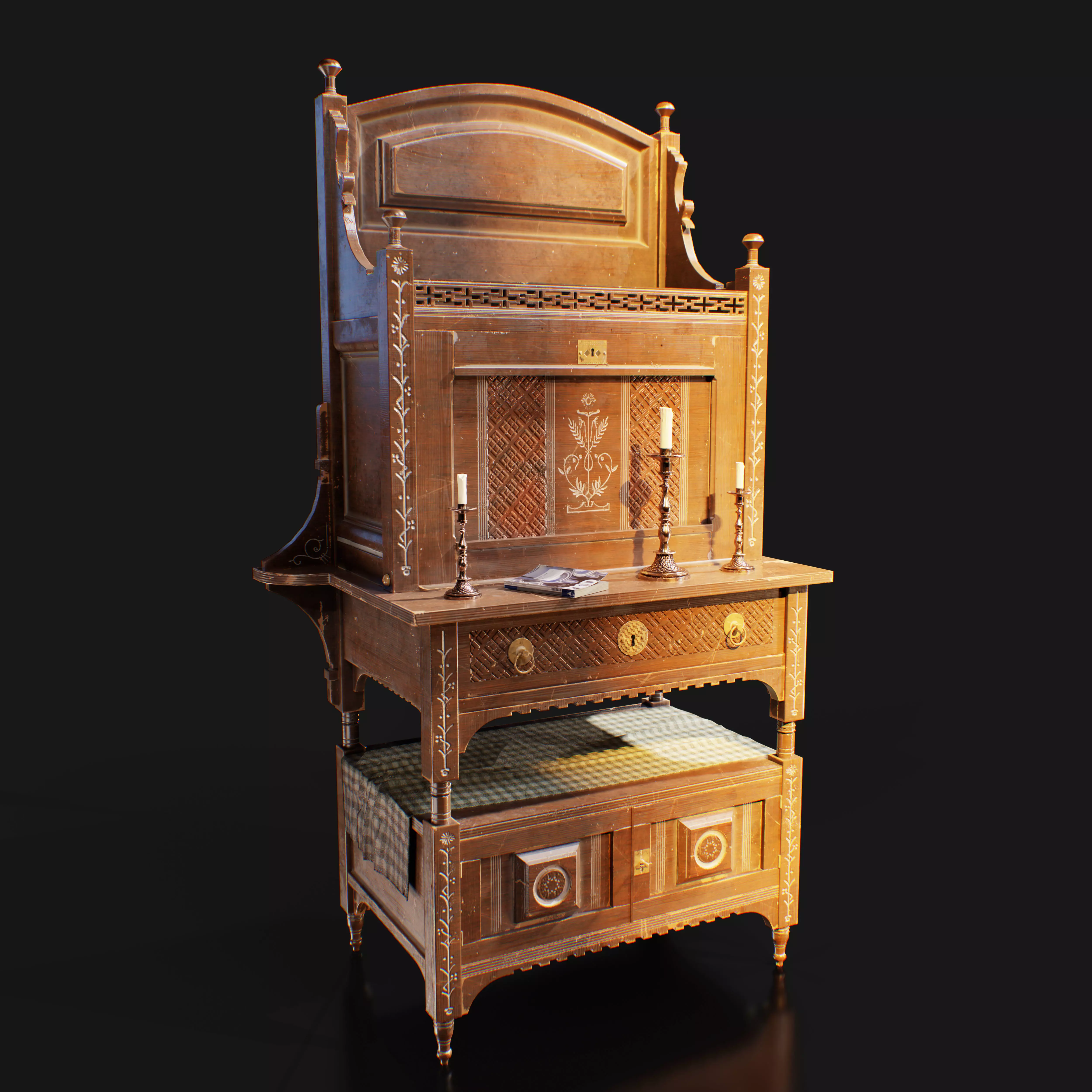 Antique Carved Walnut Desk - Optimized for Games and animations  Low-poly 3D model_0