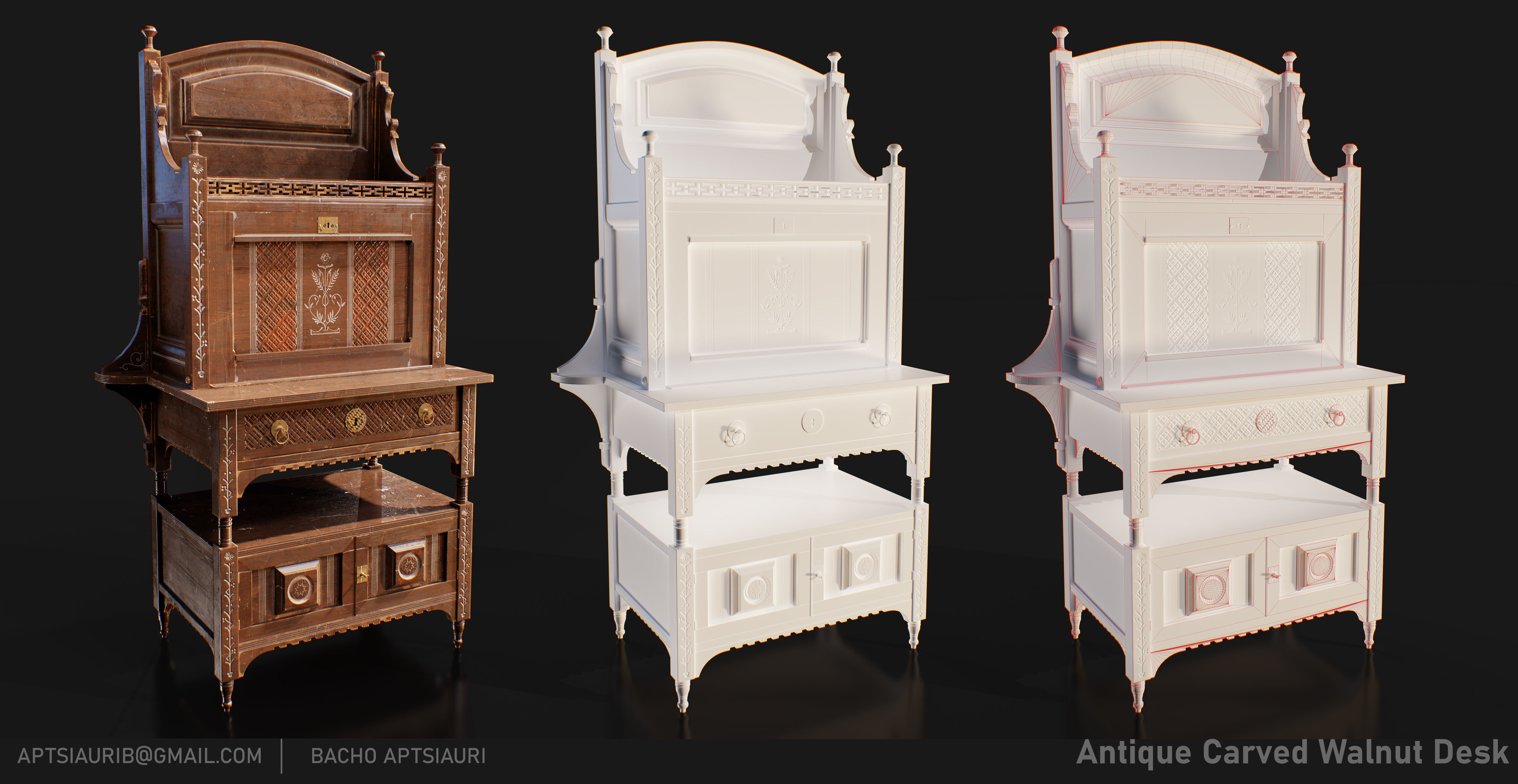 Antique Carved Walnut Desk - Optimized for Games and animations  Low-poly 3D model_2