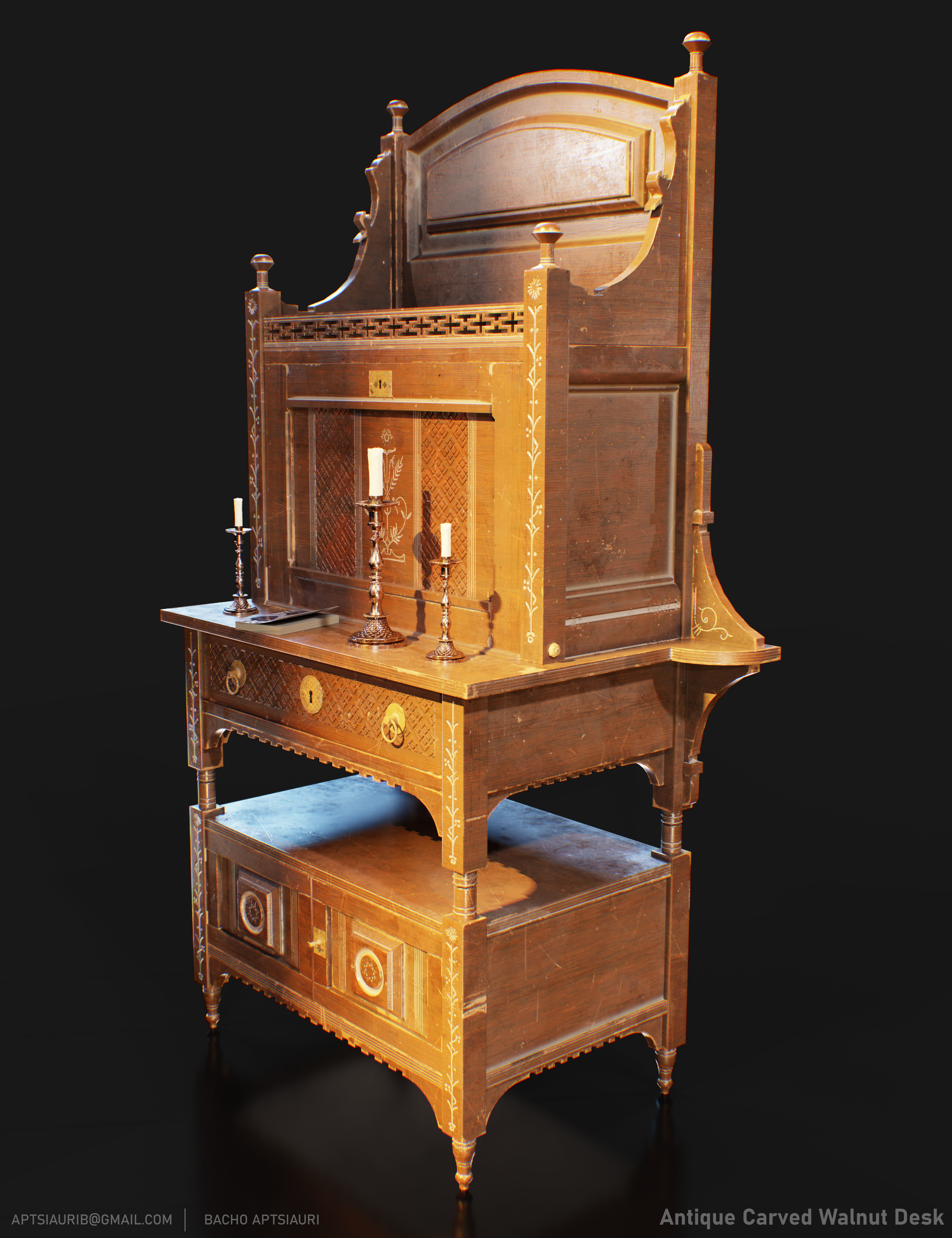 Antique Carved Walnut Desk - Optimized for Games and animations  Low-poly 3D model_3