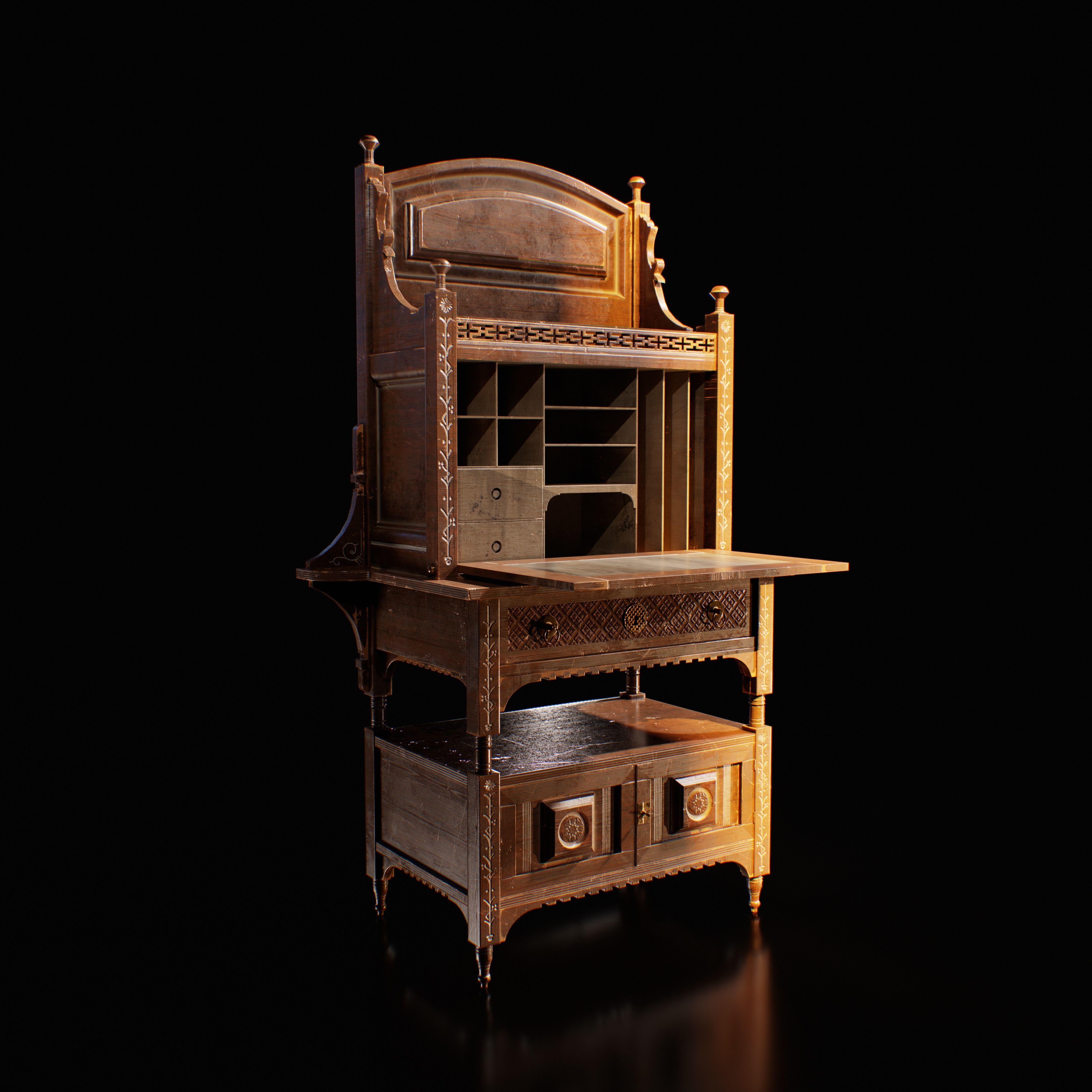 Antique Carved Walnut Desk - Optimized for Games and animations  Low-poly 3D model_4