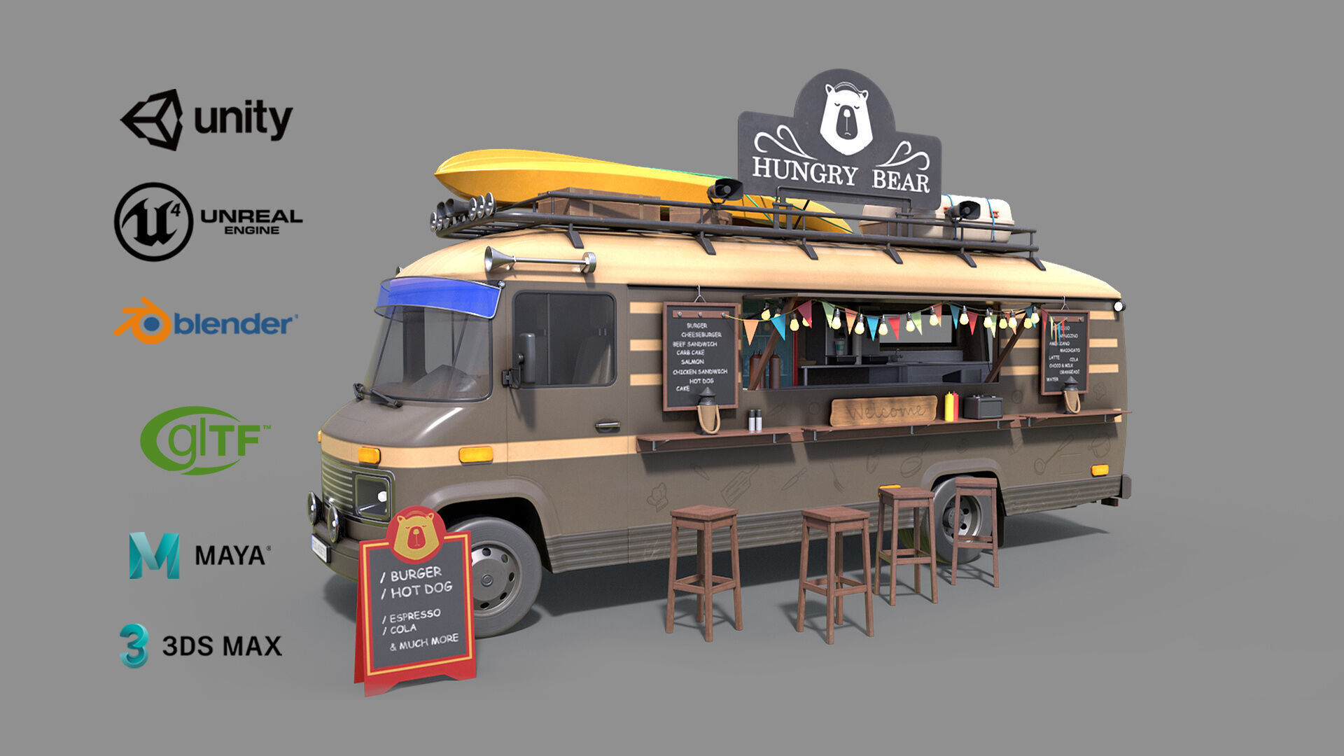Hipster Food Truck Low-poly 3D model_1
