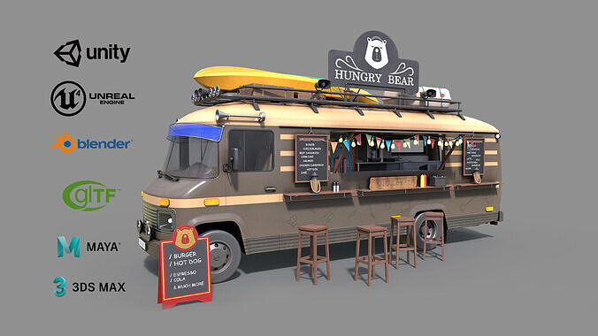 Hipster Food Truck Low-poly 3D model 2