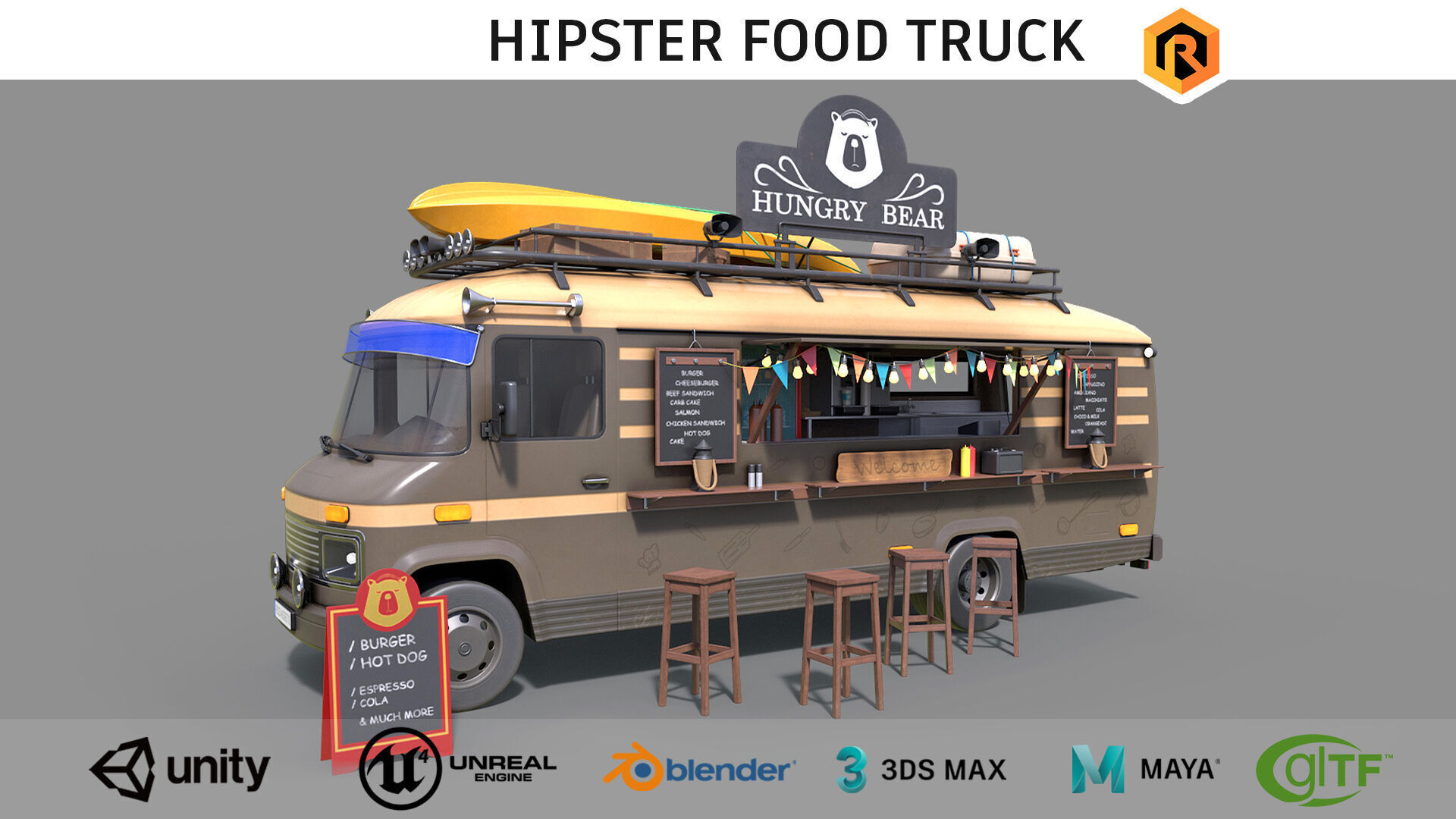 Hipster Food Truck Low-poly 3D model_10