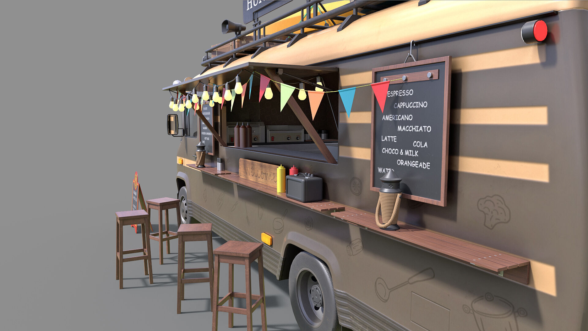 Hipster Food Truck Low-poly 3D model_9