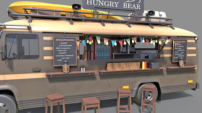 Hipster Food Truck Low-poly 3D model 5