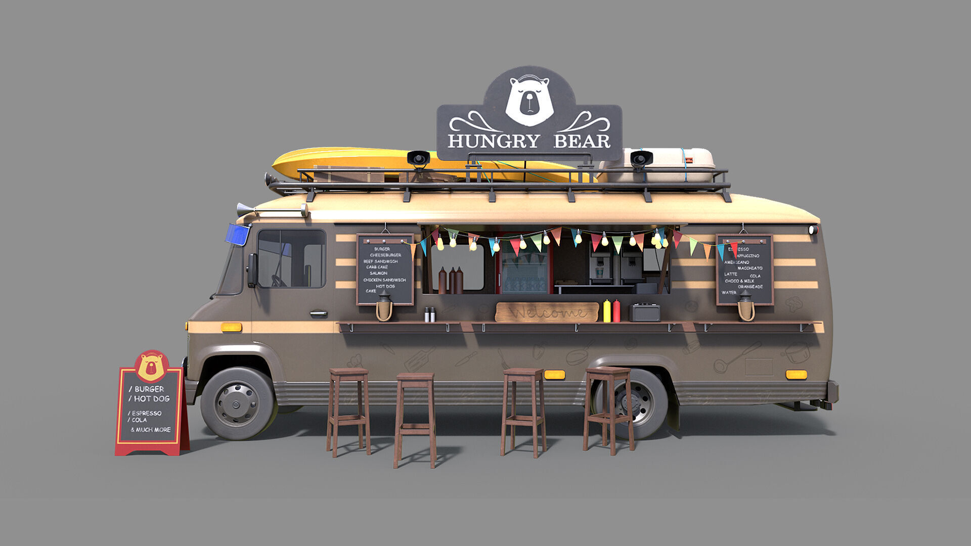 Hipster Food Truck Low-poly 3D model_7