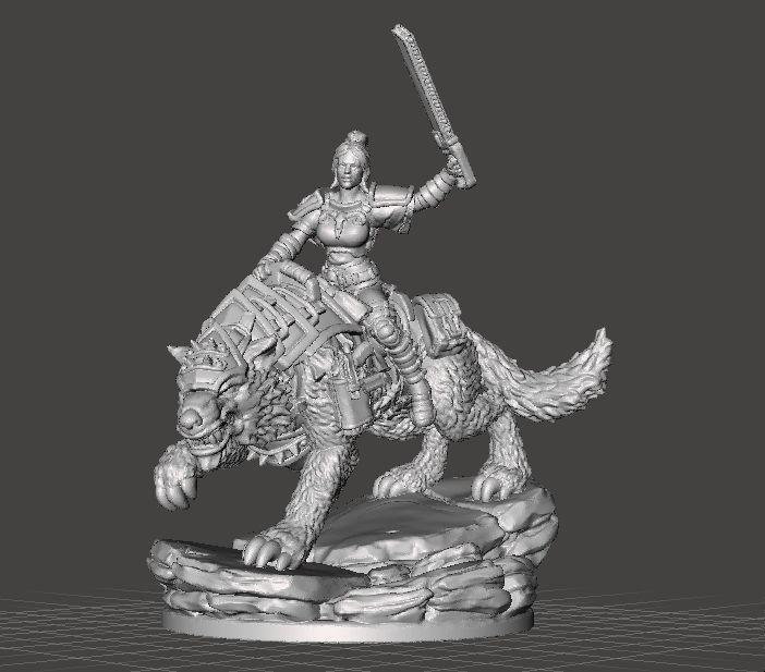 FEMALE GUARD RIDER ON WOLF WITH CHAIN SWORD MINIATURE MODEL RPG 3D print model_1