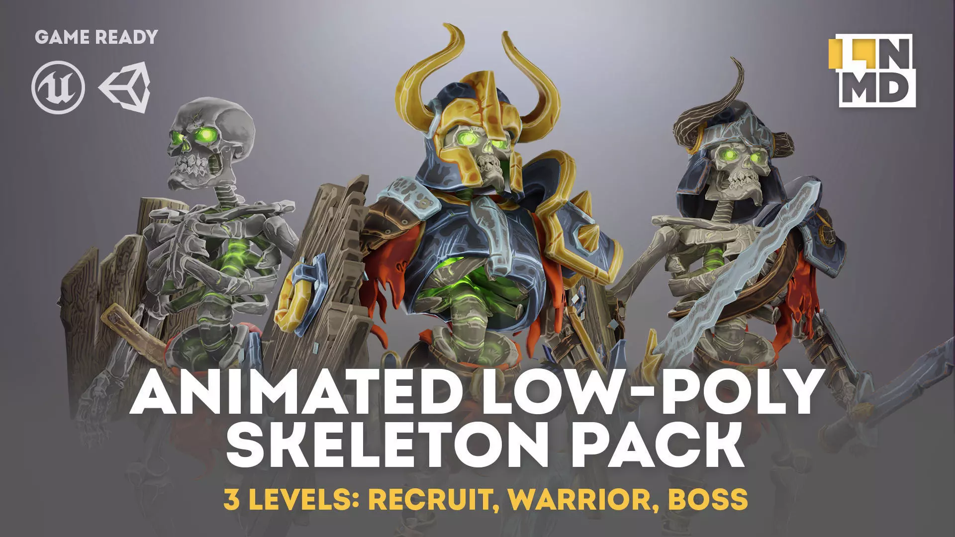 Animated Low Poly Game Ready Skeleton Pack Recruit Warrior Boss 3D Model Collection_0
