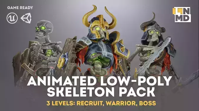 Animated Low Poly Game Ready Skeleton Pack Recruit Warrior Boss 3D Model Collection Animated Low Poly Game Ready Skeleton Pack Recruit Warrior Boss 3D Model Collection