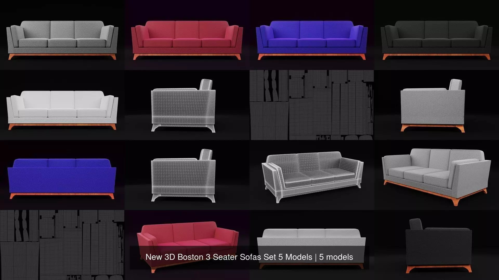 New 3D Boston 3 Seater Sofas Set 5 Models 3D Model Collection_0