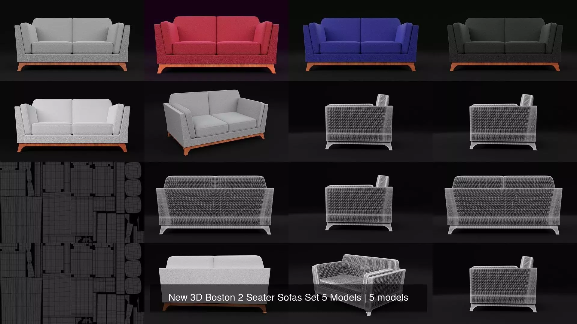 New 3D Boston 2 Seater Sofas Set 5 Models 3D Model Collection_0