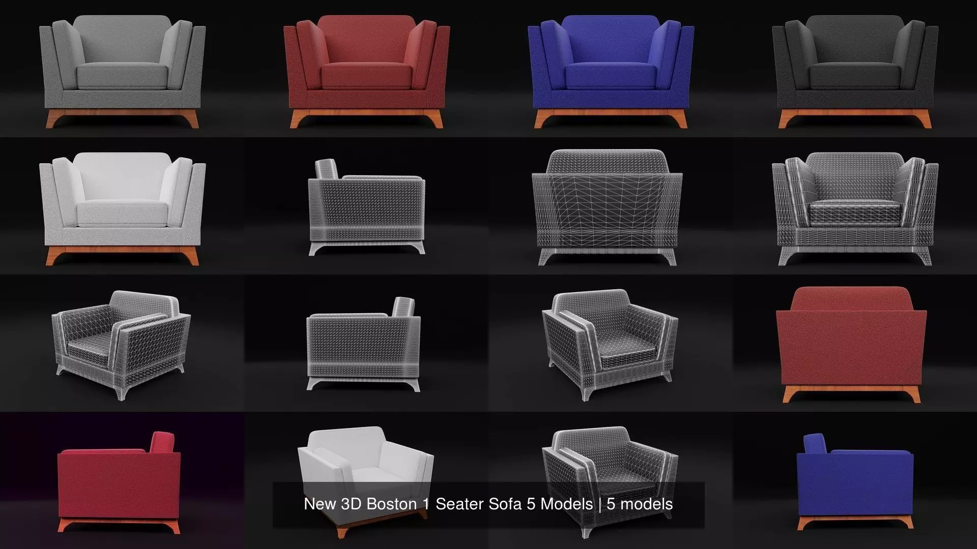 New 3D Boston 1 Seater Sofa 5 Models 3D Model Collection_0