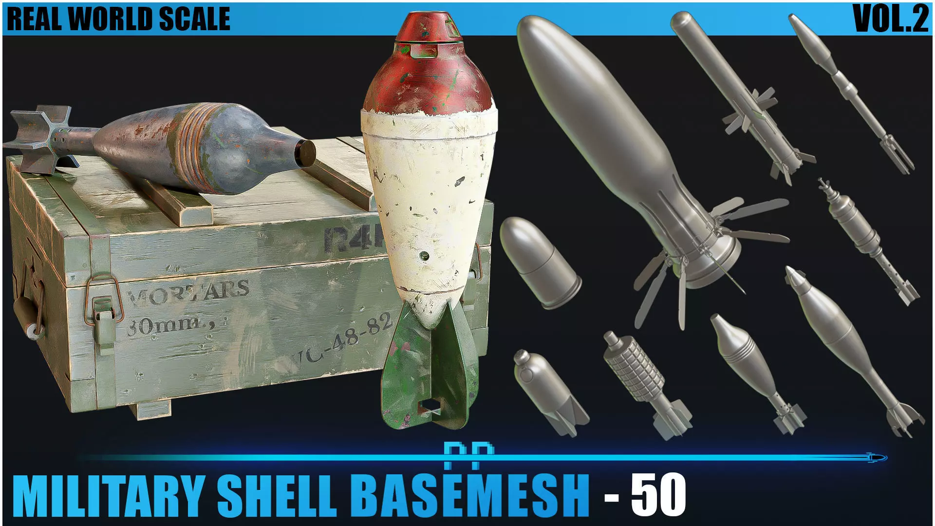 50 Military shells basemesh Low-poly 3D model_0