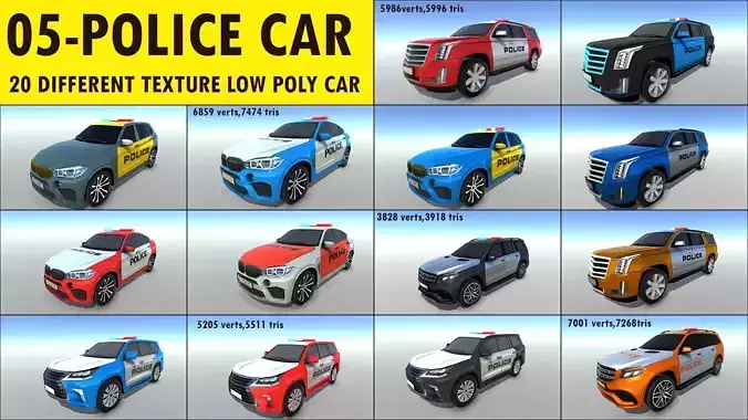 Low Poly Police Car Pack Low-poly 3D model