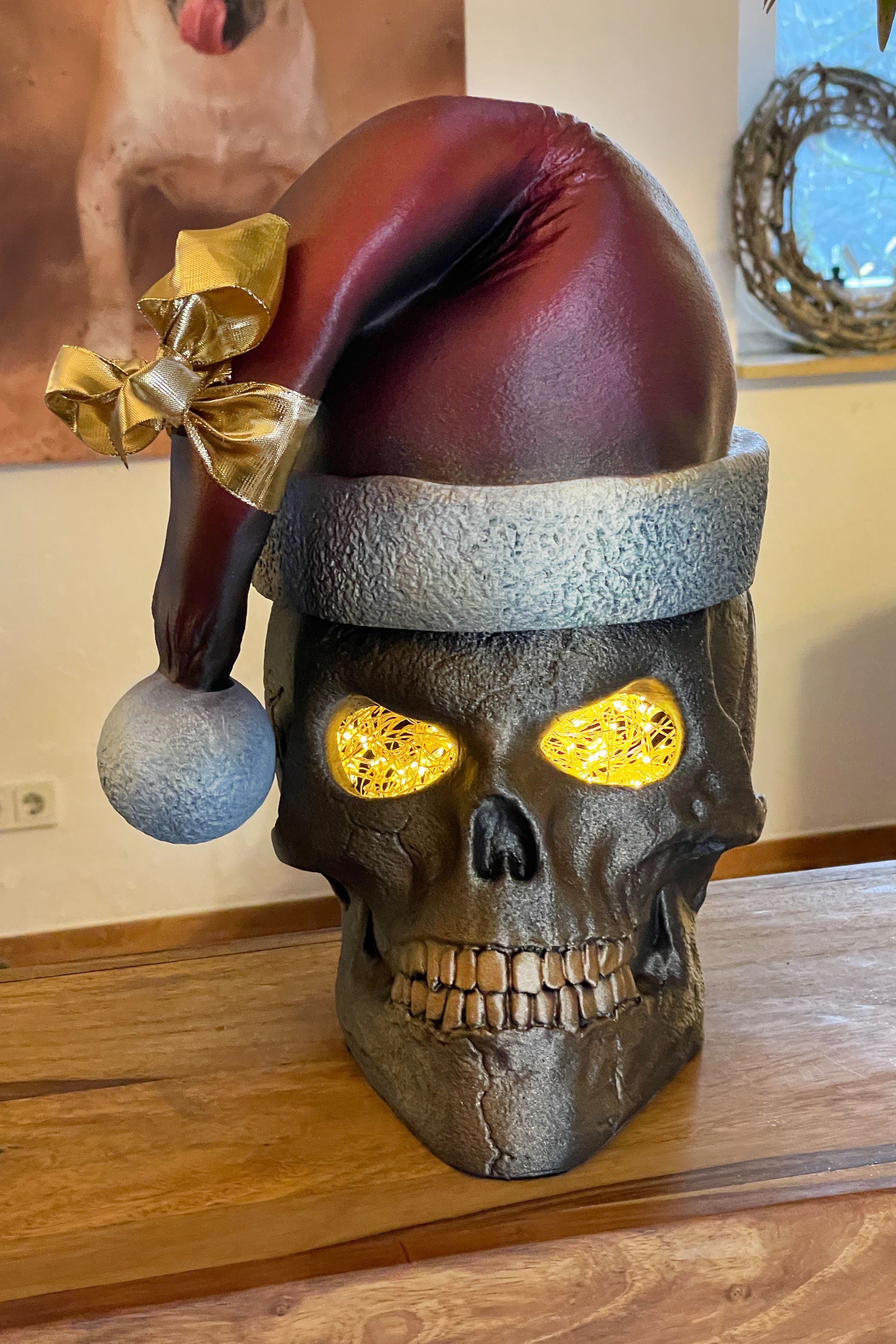 Skull with open eyes  Christmas hat and hollow inside 3D print model_1
