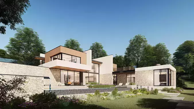 Modern Hill House Exterior Scene with kitchen bedroom furniture  3D model