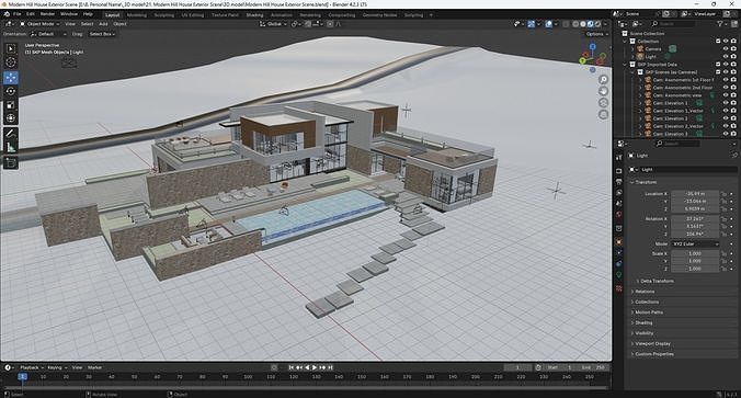 Modern Hill House Exterior Scene with kitchen bedroom furniture  3D model 2