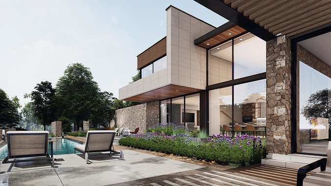 Modern Hill House Exterior Scene with kitchen bedroom furniture  3D model 7
