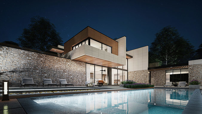 Modern Hill House Exterior Scene with kitchen bedroom furniture  3D model 6