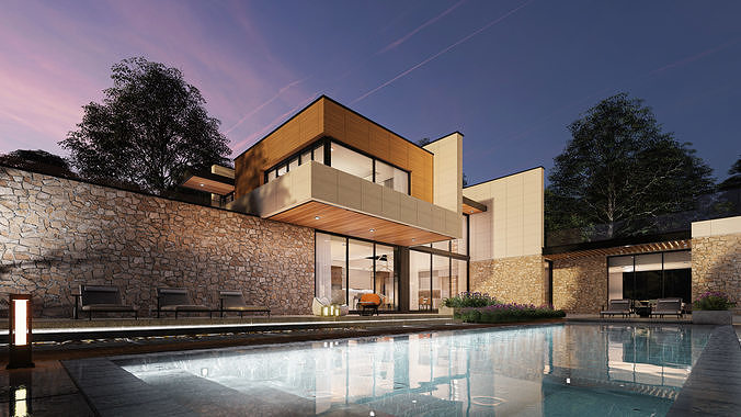 Modern Hill House Exterior Scene with kitchen bedroom furniture  3D model 4