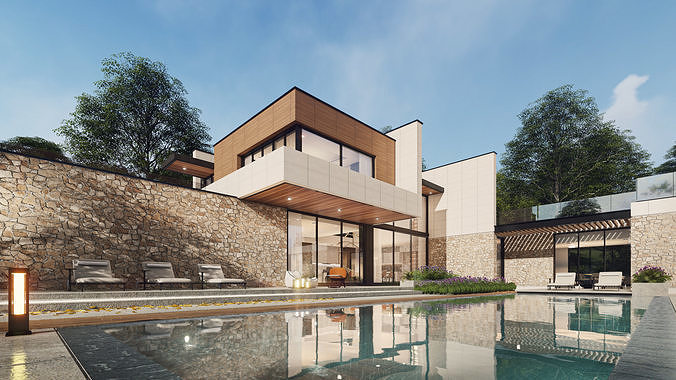 Modern Hill House Exterior Scene with kitchen bedroom furniture  3D model 3