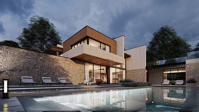 Modern Hill House Exterior Scene with kitchen bedroom furniture  3D model 5