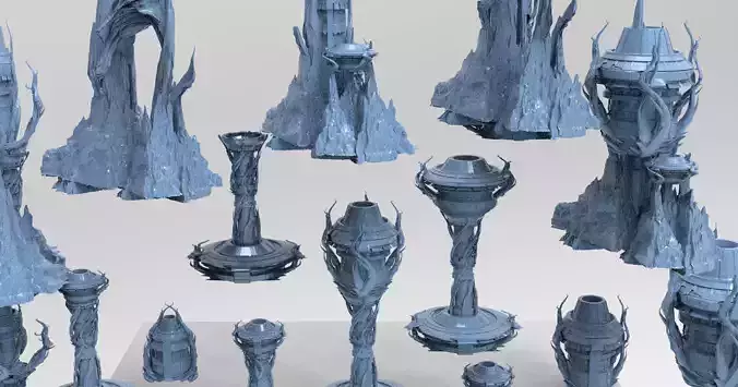 Cthulhu ocean Sci fi Towers collection full  Low-poly 3D model