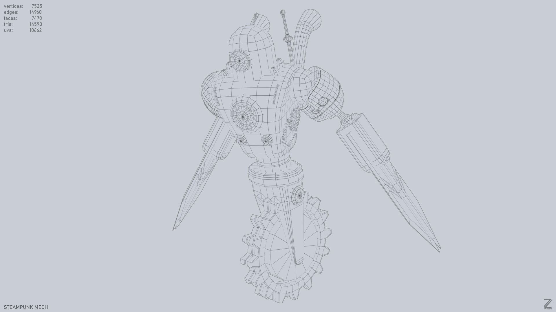 Steampunk mech Low-poly 3D model_10