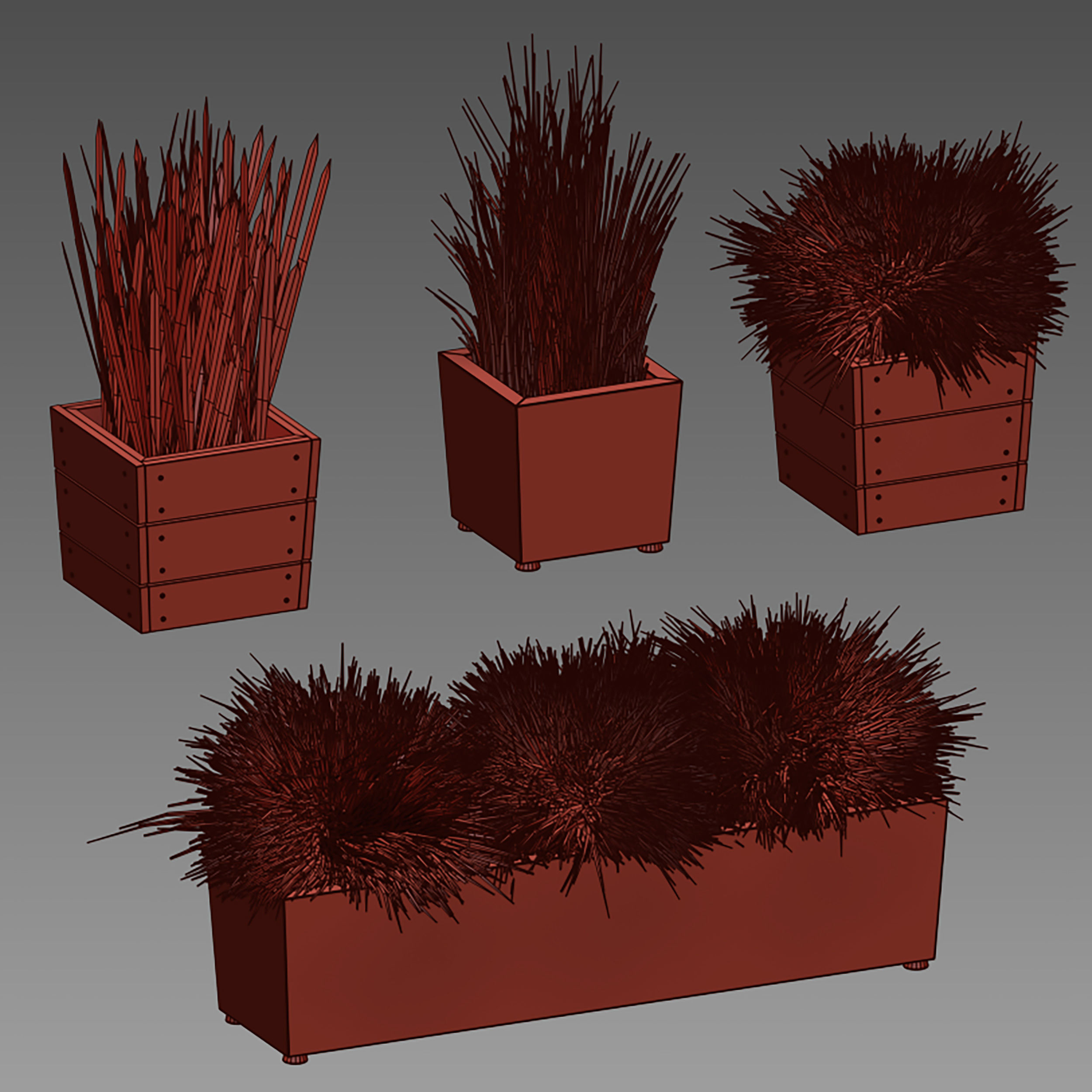 Grass in pots Plants in boxes 3D model_23