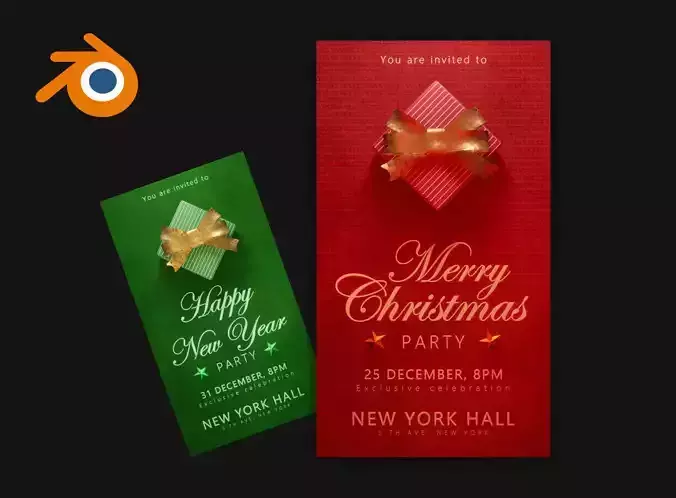 Christmas party invitation 3D cards mockup for Blender
