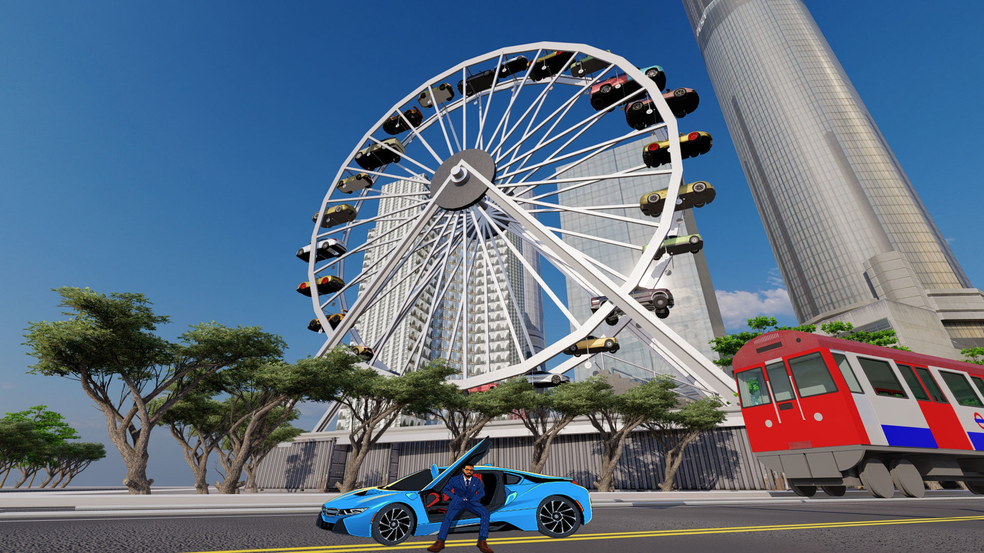 Ferris Wheels with sports car  Low-poly 3D model_1