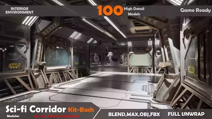 Sci-fi Interior Corridor Kitbash 100 Model Low-poly 3D model
