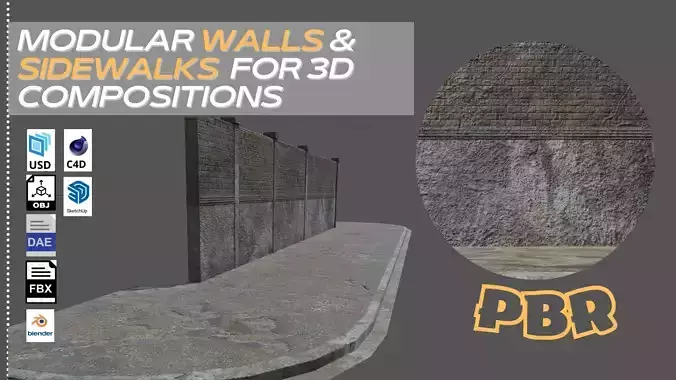 MODULAR WALLS - SIDEWALKS  FOR 3D COMPOSITIONS Low-poly 3D model Low-poly 3D model